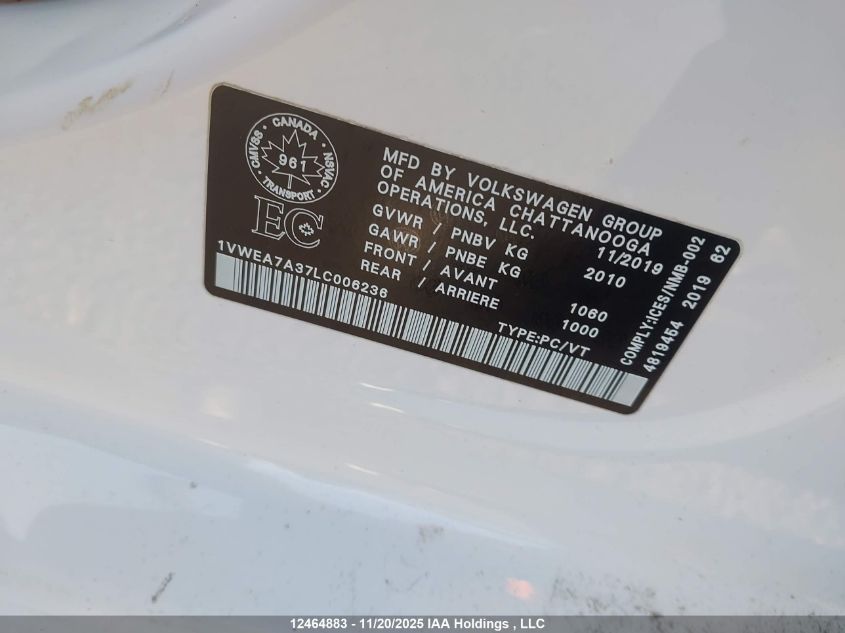 2020 Volkswagen Passat Execline W/ R-Line VIN: 1VWEA7A37LC006236 Lot: 12464883