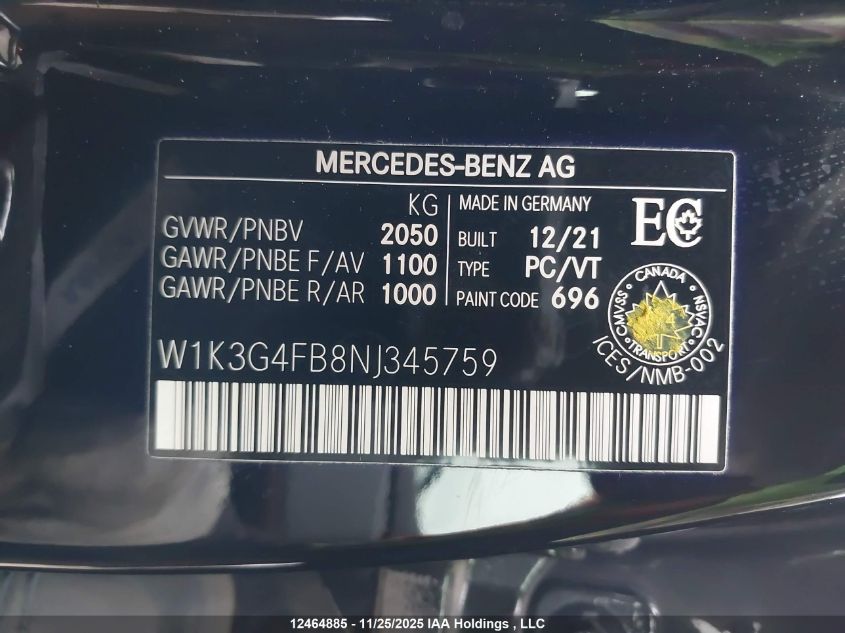2022 Mercedes-Benz A 220 4Matic VIN: W1K3G4FB8NJ345759 Lot: 12464885
