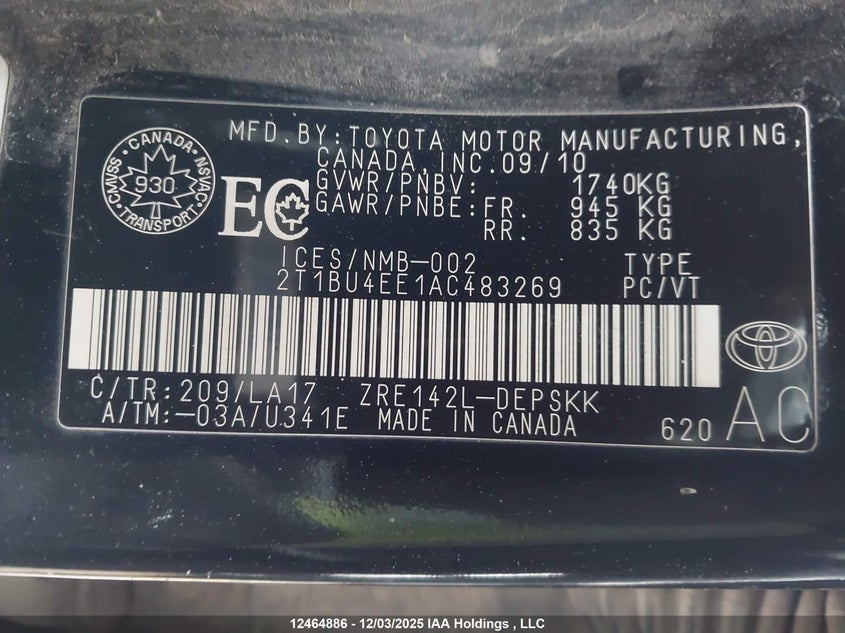 2T1BU4EE1AC483269 2010 TOYOTA COROLLA photo no. 9