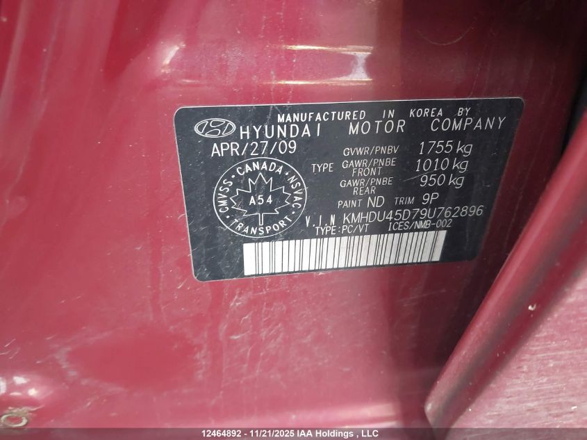 2009 Hyundai Elantra Gl/L VIN: KMHDU45D79U762896 Lot: 12464892