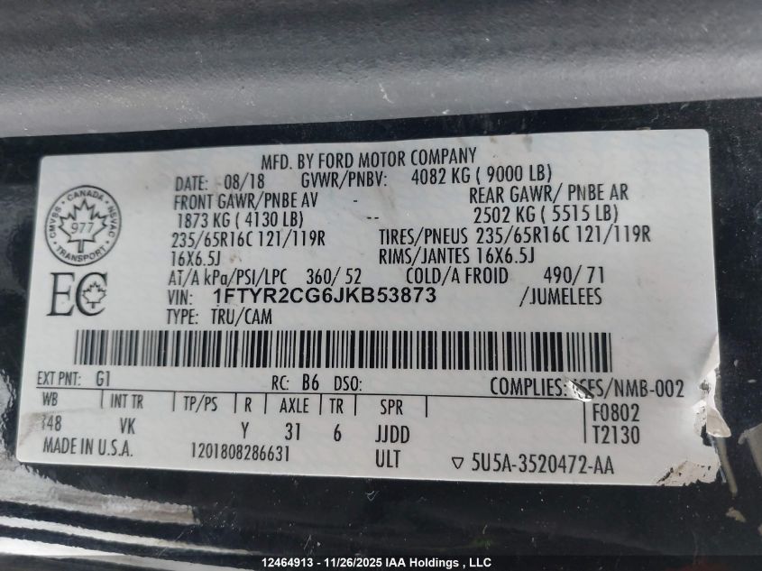 2018 Ford Transit-250 VIN: 1FTYR2CG6JKB53873 Lot: 12464913