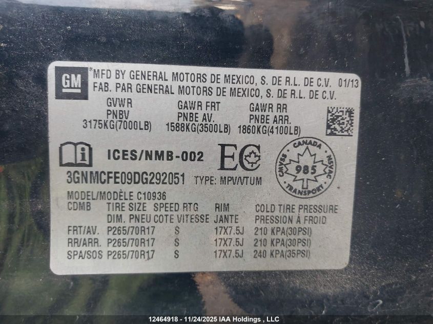 2013 Chevrolet Avalanche Lt VIN: 3GNMCFE09DG292051 Lot: 12464918