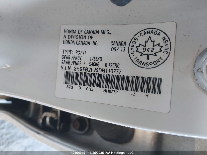 2013 Honda Civic Touring VIN: 2HGFB2F79DH110777 Lot: 12464919