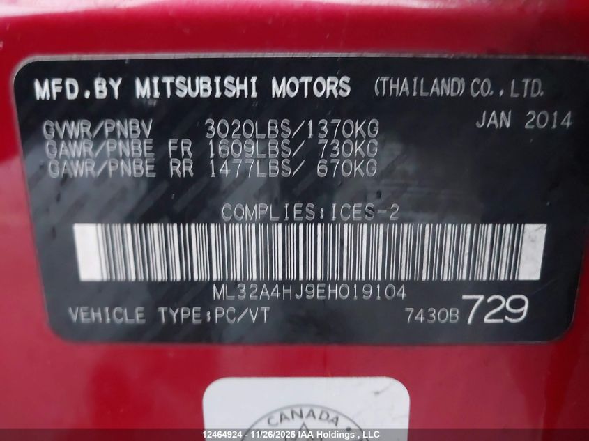 2014 Mitsubishi Mirage Se VIN: ML32A4HJ9EH019104 Lot: 12464924