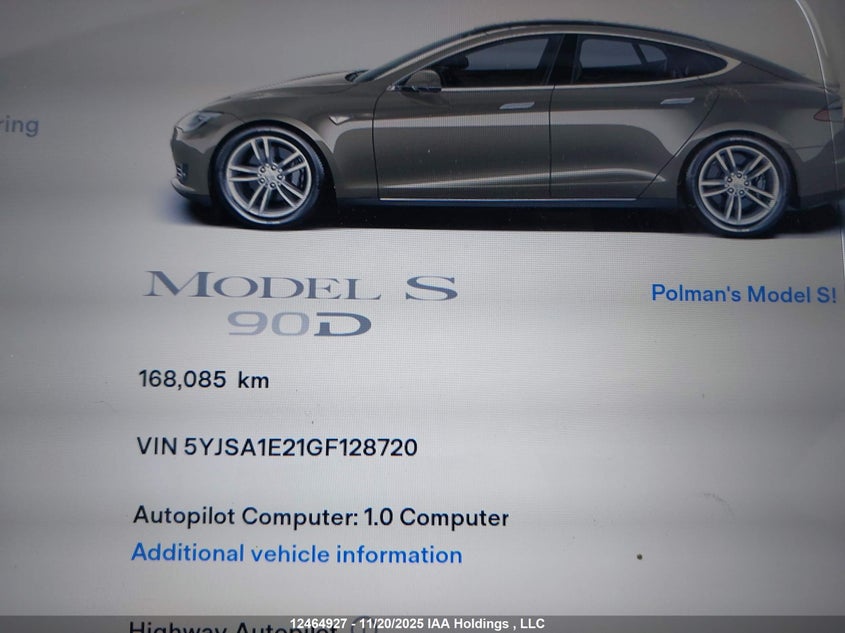 2016 Tesla Model S 60D/70D/75D/85D/90D VIN: 5YJSA1E21GF128720 Lot: 12464927