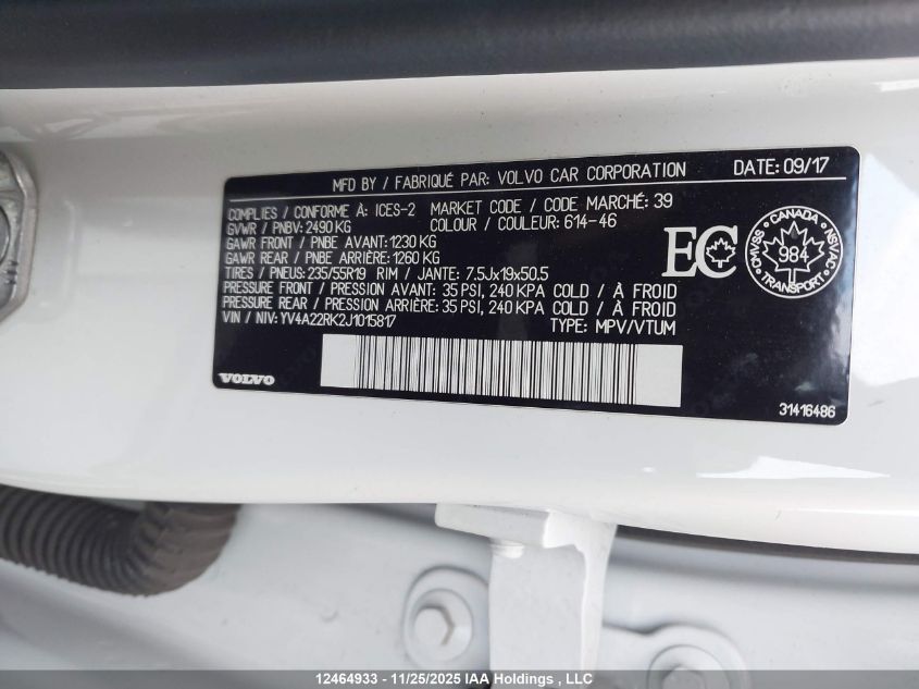 2018 Volvo Xc60 T6 T6 VIN: YV4A22RK2J1015817 Lot: 12464933