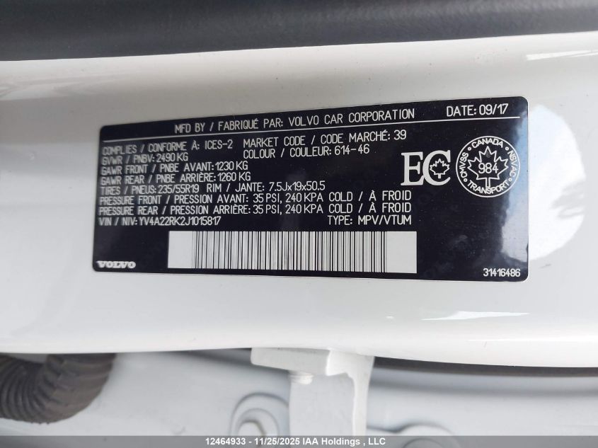 2018 Volvo Xc60 T6 T6 VIN: YV4A22RK2J1015817 Lot: 12464933