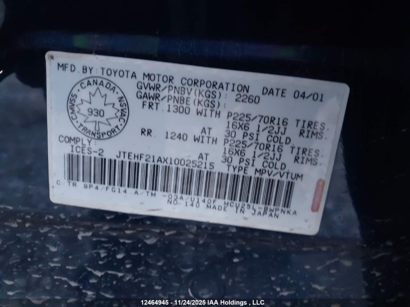 2001 Toyota Highlander VIN: JTEHF21AX10025215 Lot: 12464945