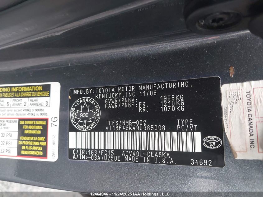 2009 Toyota Camry Se VIN: 4T1BE46K49U385008 Lot: 12464946