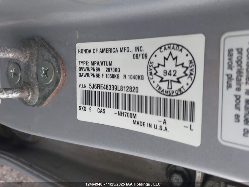 2009 Honda Cr-V Lx VIN: 5J6RE48339L812820 Lot: 12464948