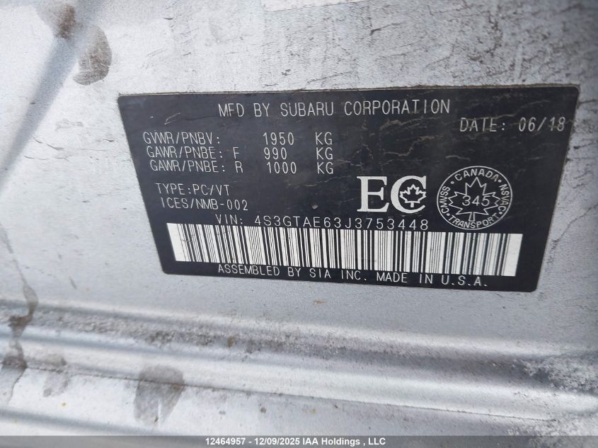 2018 Subaru Impreza Touring VIN: 4S3GTAE63J3753448 Lot: 12464957