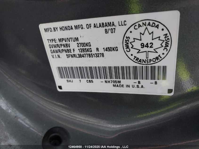 2007 Honda Odyssey Ex VIN: 5FNRL38477B513278 Lot: 12464958