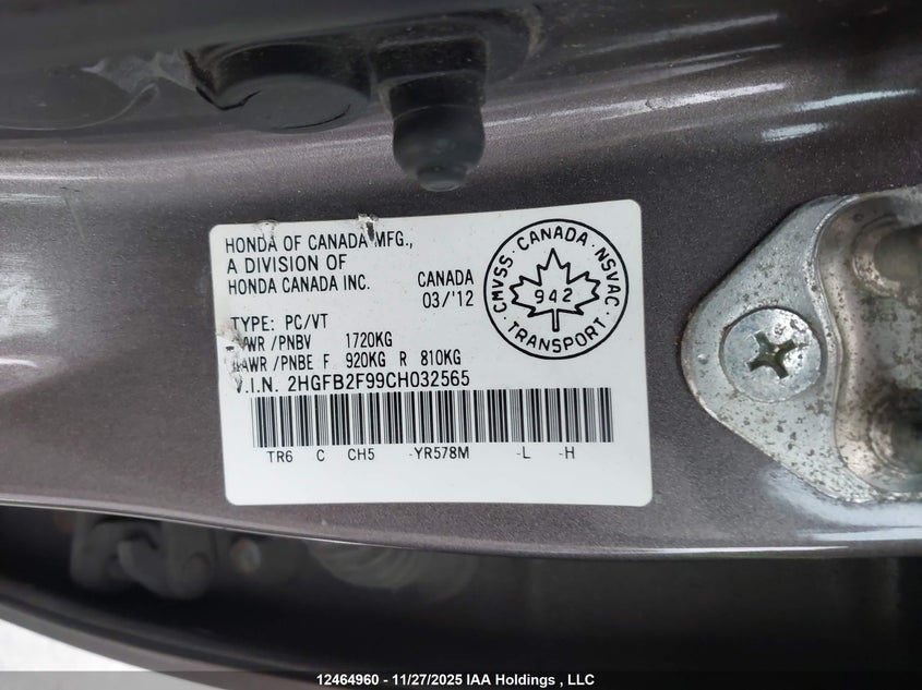 2HGFB2F99CH032565 2012 HONDA CIVIC photo no. 9
