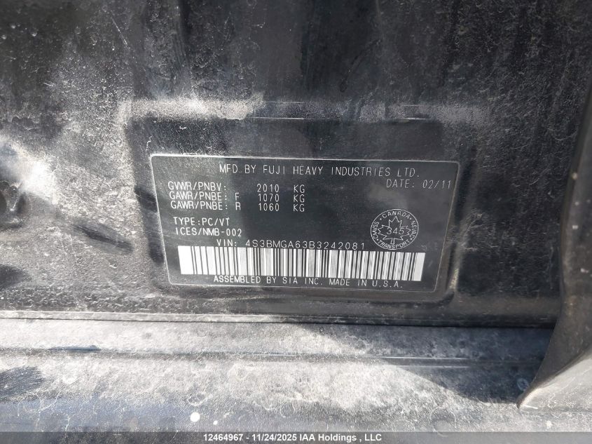 2011 Subaru Legacy 2.5 I/2.5 I Convenience Package VIN: 4S3BMGA63B3242081 Lot: 12464967