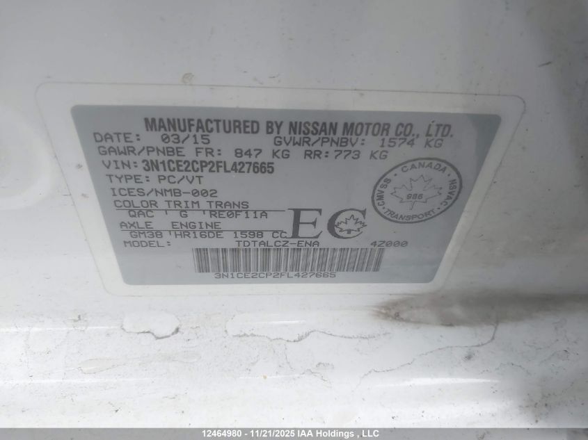 2015 Nissan Versa Note 1.6 S/1.6 Sl/1.6 Sr/1.6 Sv VIN: 3N1CE2CP2FL427665 Lot: 12464980