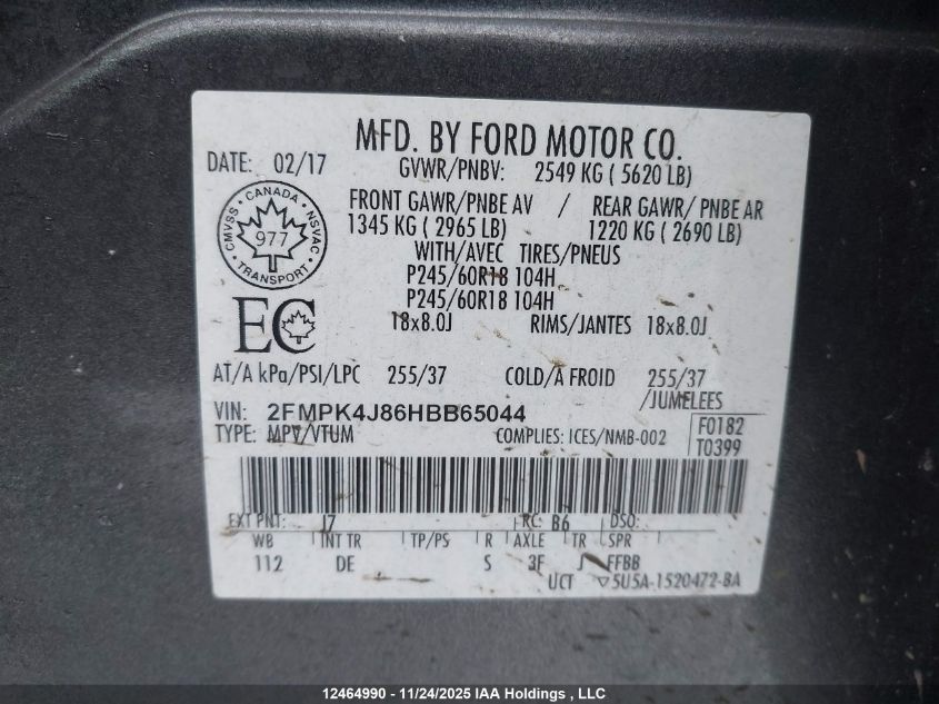 2017 Ford Edge Sel VIN: 2FMPK4J86HBB65044 Lot: 12464990