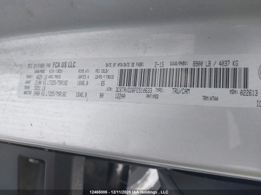 2015 Ram Promaster 2500 High Roof VIN: 3C6TRVDD6FE510633 Lot: 12465005