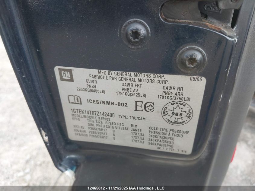 2007 GMC Sierra 1500 Sl/Sle VIN: 1GTEK14T07Z142400 Lot: 12465012