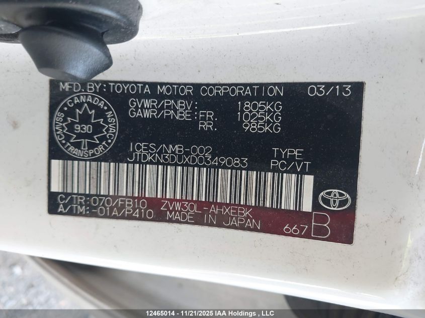 2013 Toyota Prius VIN: JTDKN3DUXD0349083 Lot: 12465014