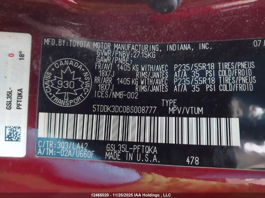 2011 Toyota Sienna Limited 7 Passenger VIN: 5TDDK3DC0BS008777 Lot: 12465020