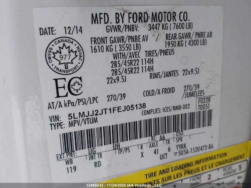 2015 Lincoln Navigator VIN: 5LMJJ2JT1FEJ05138 Lot: 12465032