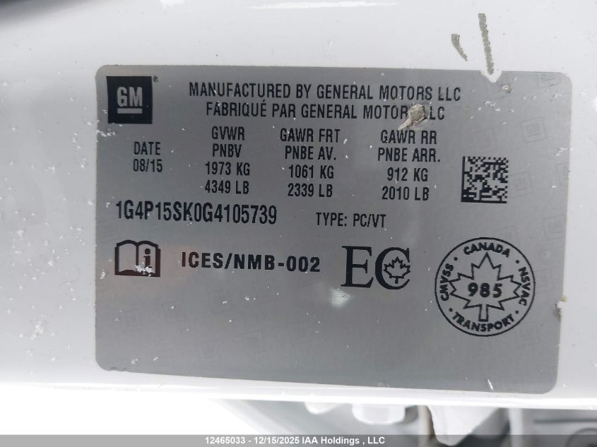 2016 Buick Verano VIN: 1G4P15SK0G4105739 Lot: 12465033