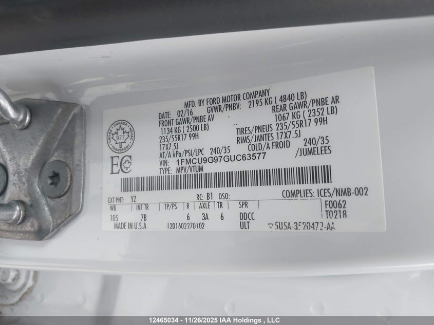 2016 Ford Escape Se VIN: 1FMCU9G97GUC63577 Lot: 12465034