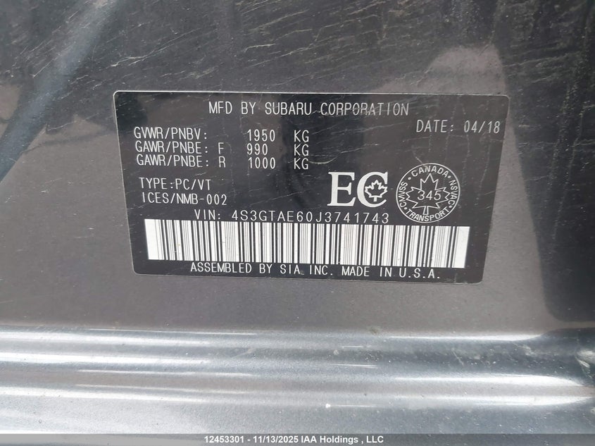 2018 Subaru Impreza Touring VIN: 4S3GTAE60J3741743 Lot: 12453301X