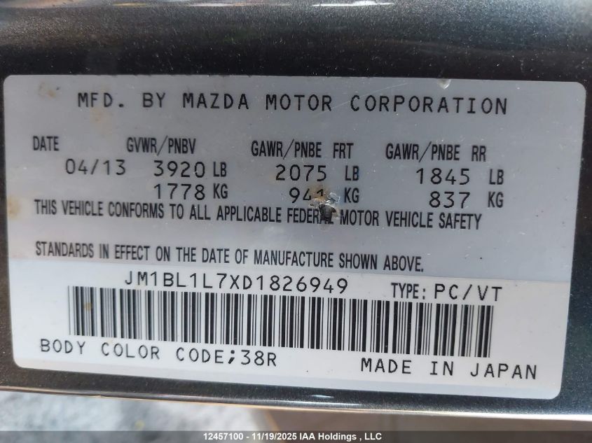 2013 Mazda Mazda3 Gs-Sky VIN: JM1BL1L7XD1826949 Lot: 12457100X