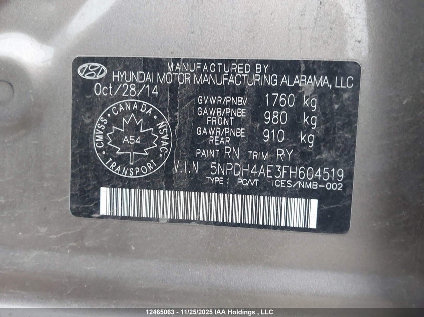 2015 Hyundai Elantra Se/Sport/Limited VIN: 5NPDH4AE3FH604519 Lot: 12465063