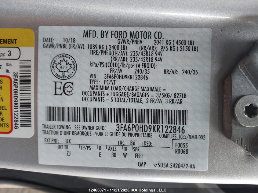 2019 Ford Fusion Se VIN: 3FA6P0HD9KR122846 Lot: 12465071