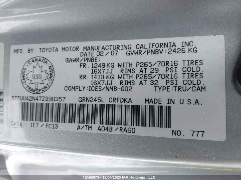 2007 Toyota Tacoma Base V6 VIN: 5TEUU42N47Z390357 Lot: 12465073