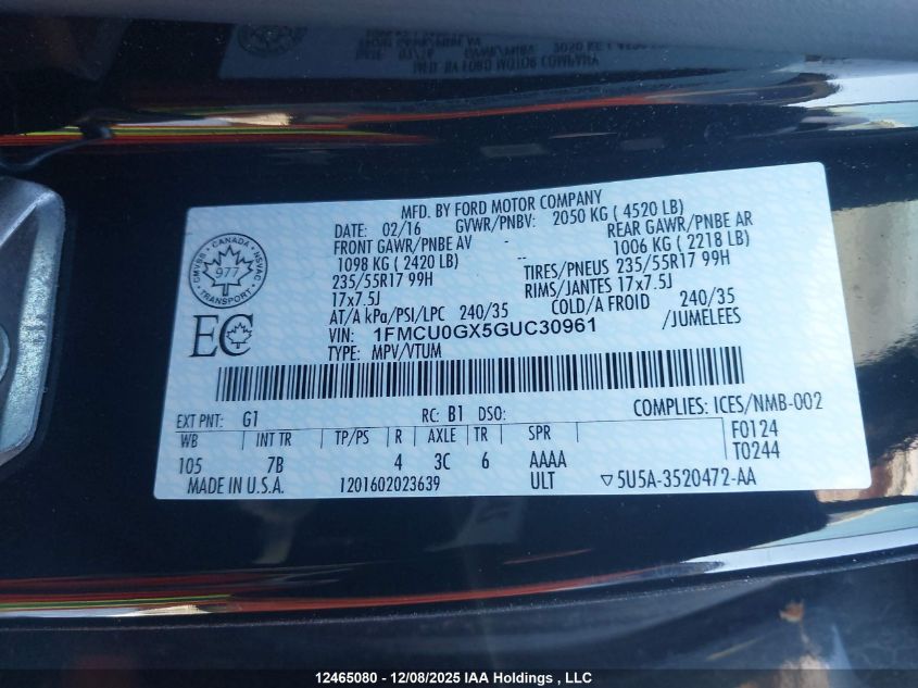 2016 Ford Escape VIN: 1FMCU0GX5GUC30961 Lot: 12465080