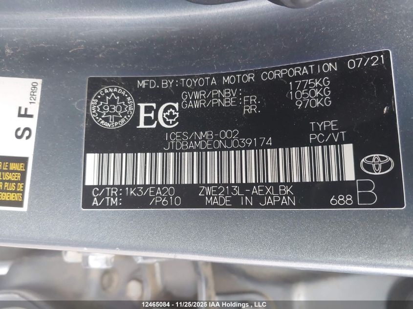 2022 Toyota Corolla VIN: JTDBAMDE0NJ039174 Lot: 12465084