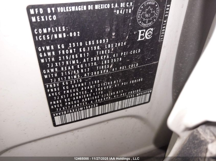 2018 Volkswagen Tiguan Comfortline VIN: 3VV2B7AX2JM156239 Lot: 12465085
