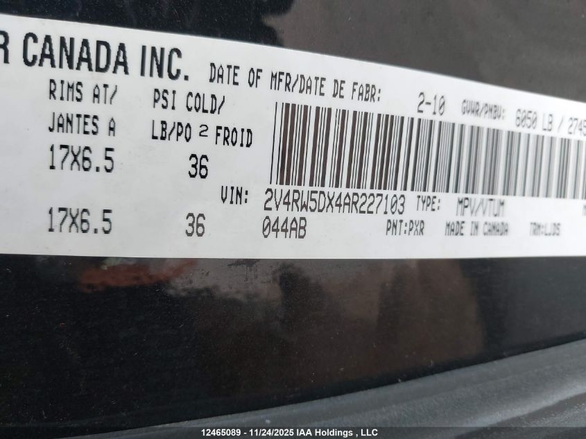 2010 Volkswagen Routan Sel VIN: 2V4RW5DX4AR227103 Lot: 12465089