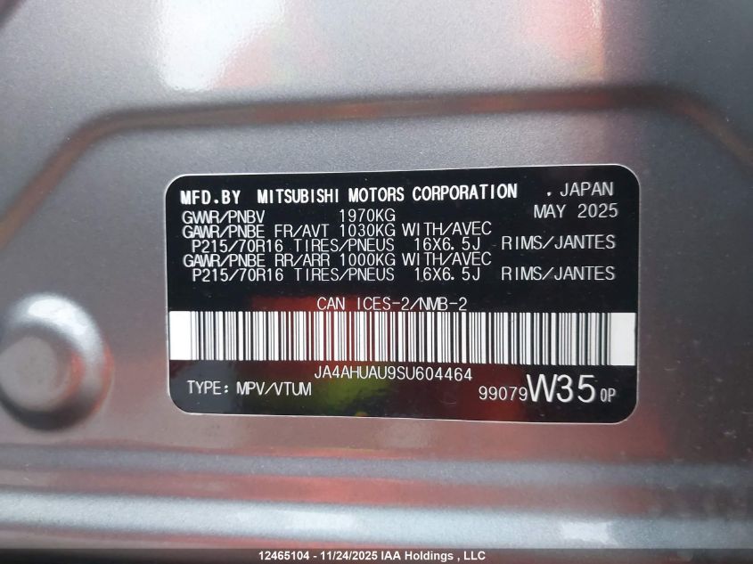 2025 Mitsubishi Rvr Es VIN: JA4AHUAU9SU604464 Lot: 12465104