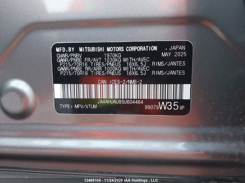 2025 Mitsubishi Rvr Es VIN: JA4AHUAU9SU604464 Lot: 12465104