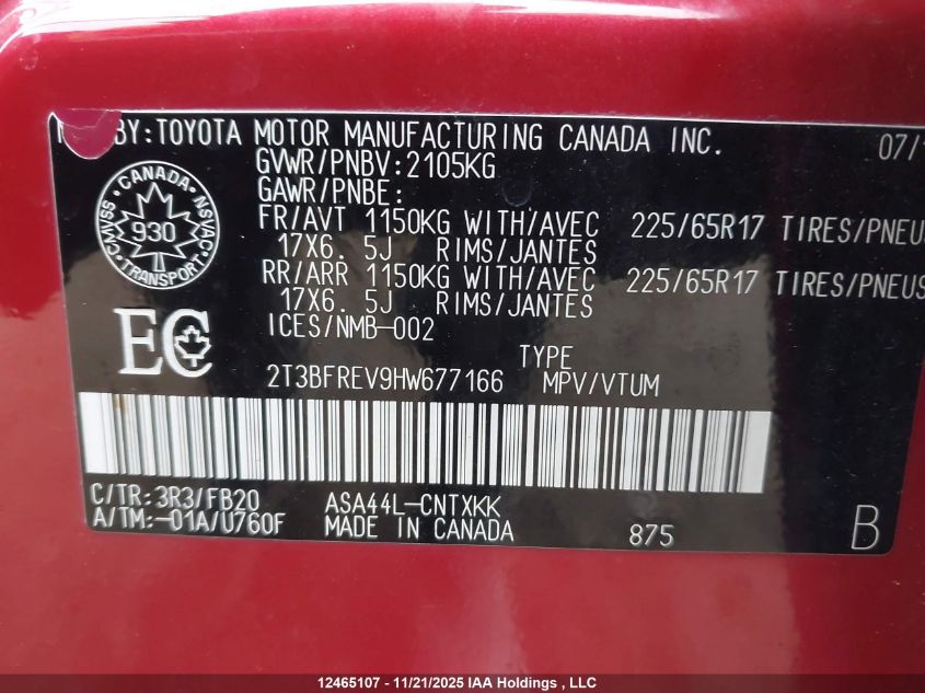 2017 Toyota Rav4 Le VIN: 2T3BFREV9HW677166 Lot: 12465107