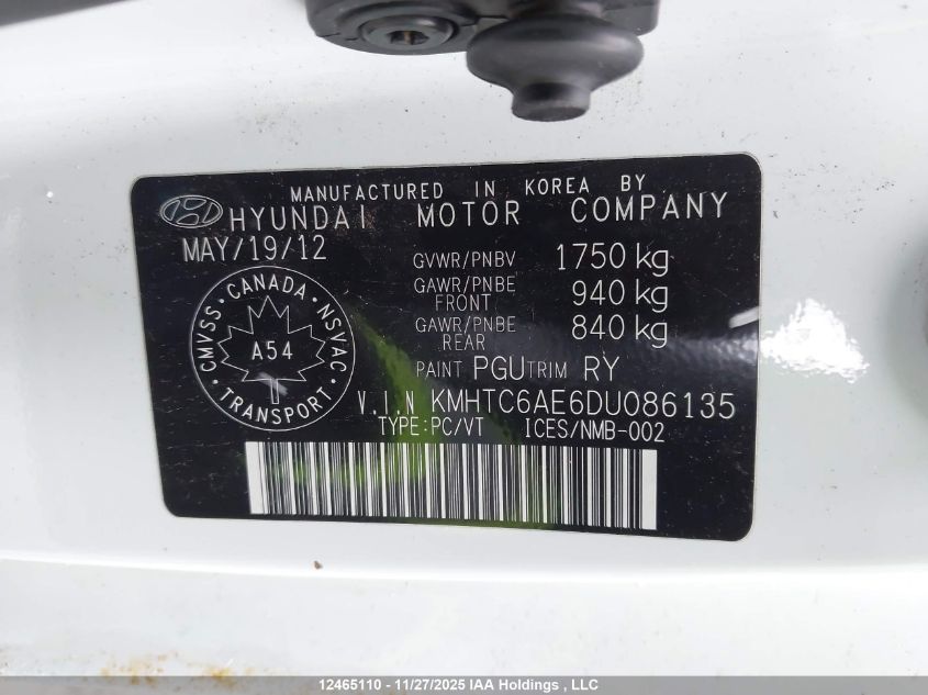 2013 Hyundai Veloster Turbo VIN: KMHTC6AE6DU086135 Lot: 12465110