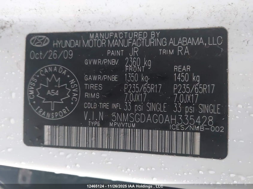 5NMSGDAG0AH335428 2010 HYUNDAI SANTA FE photo no. 9