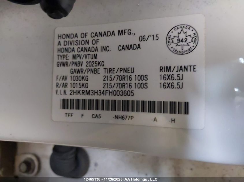 2015 Honda Cr-V Lx VIN: 2HKRM3H34FH003605 Lot: 12465136