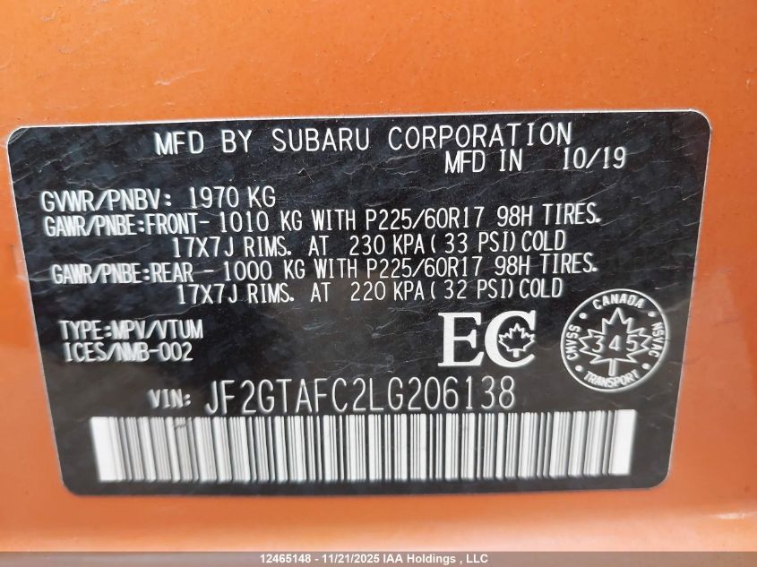 2020 Subaru Crosstrek Sport VIN: JF2GTAFC2LG206138 Lot: 12465148