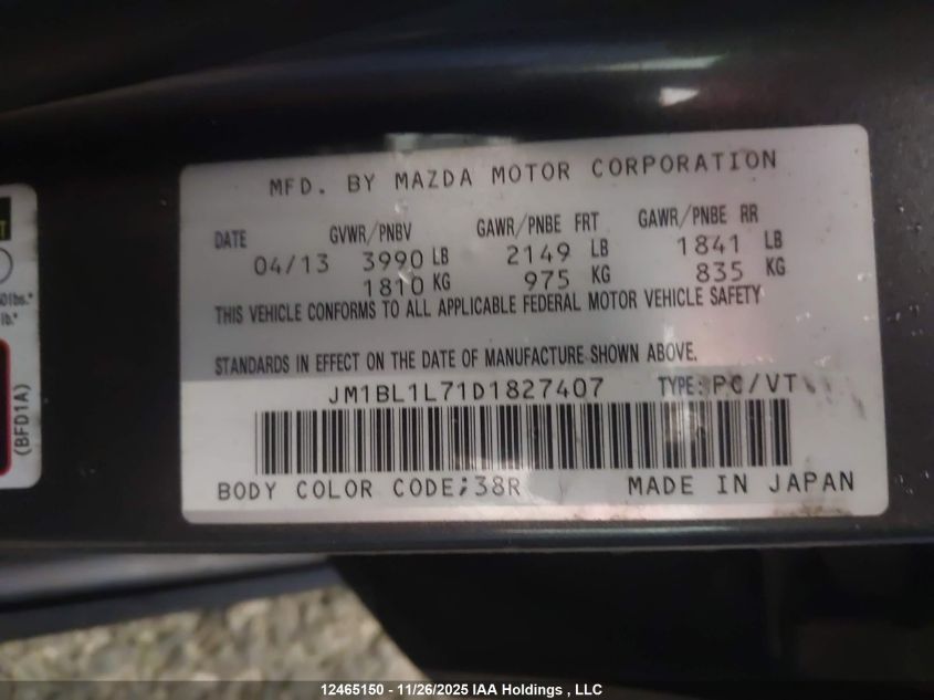 2013 Mazda Mazda3 Gs-Sky VIN: JM1BL1L71D1827407 Lot: 12465150