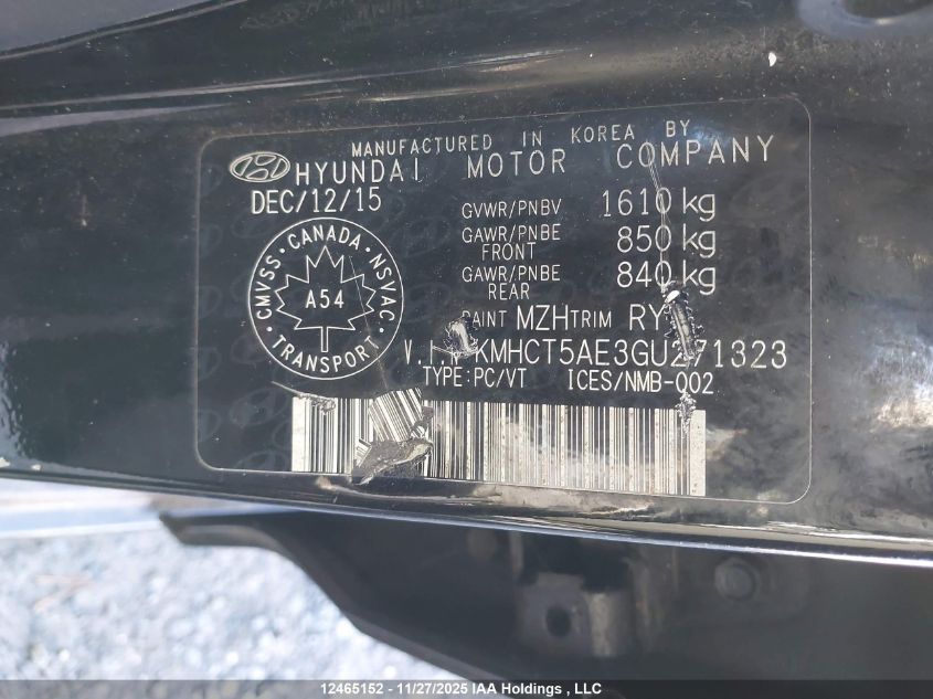 2016 Hyundai Accent Se VIN: KMHCT5AE3GU271323 Lot: 12465152
