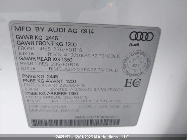 2015 Audi Q5 VIN: WA1LFCFP1FA042031 Lot: 12465153