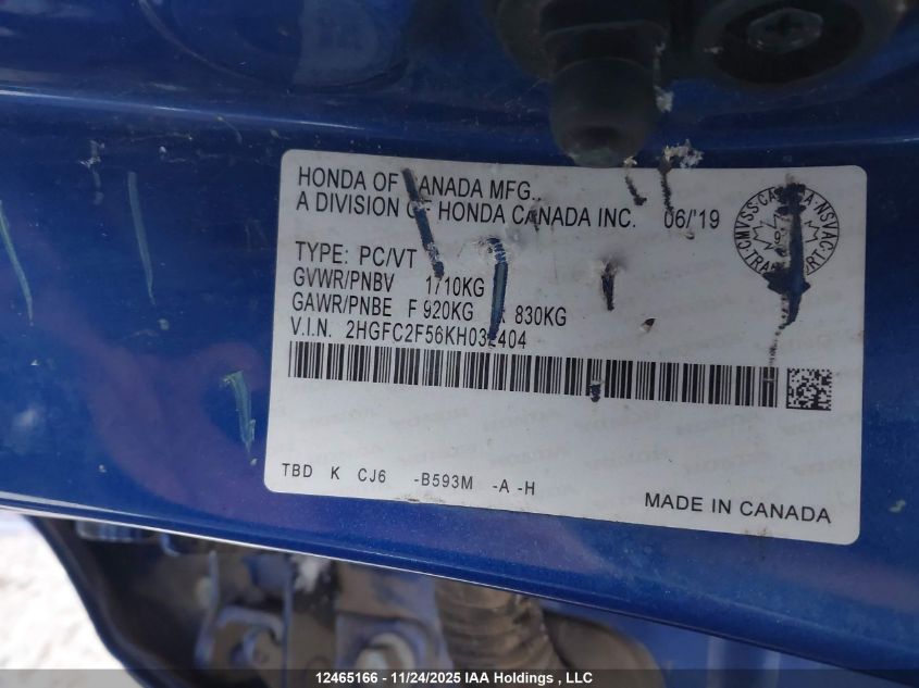 2019 Honda Civic VIN: 2HGFC2F56KH032404 Lot: 12465166