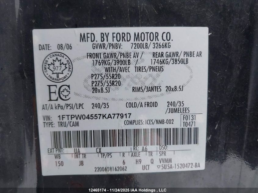 2007 Ford F-150 Fx4/Xlt VIN: 1FTPW04557KA77917 Lot: 12465174