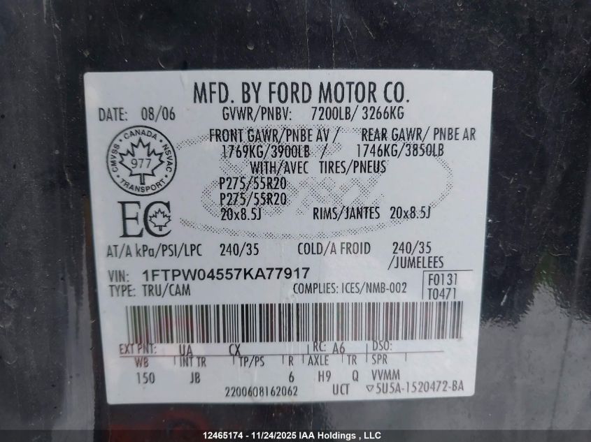 2007 Ford F-150 Fx4/Xlt VIN: 1FTPW04557KA77917 Lot: 12465174