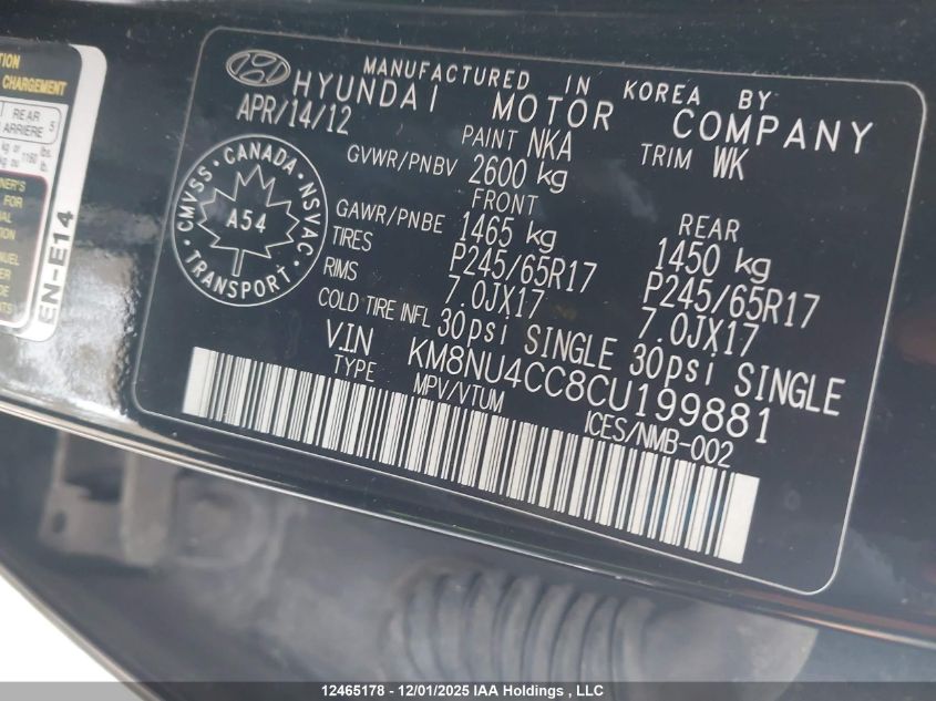 2012 Hyundai Veracruz Gls/Limited VIN: KM8NU4CC8CU199881 Lot: 12465178